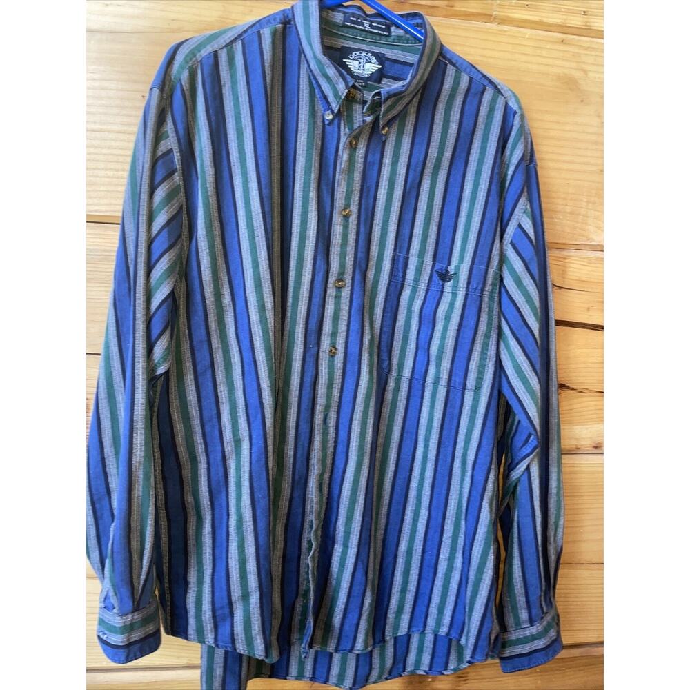 Vintage Dockers Indigo Mens Blue Green Striped Button Front Shirt Size XL